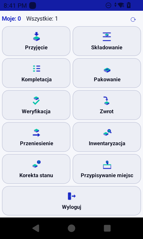 Menu główne terminala Pointum WMS Mobile — duże kafle funkcji: przyjęcie, składowanie, kompletacja, pakowanie, weryfikacja, zwrot, przeniesienie, inwentaryzacja, korekta stanu i przypisywanie miejsc.